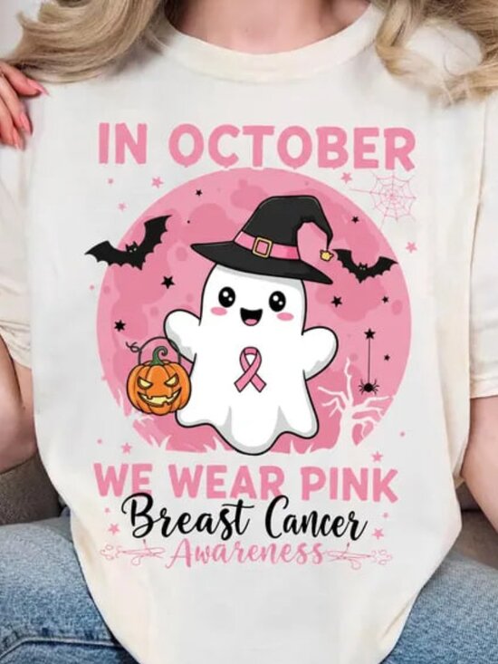 Tops - In October We Wear Pink Shirt, Cute Ghost Halloween Tee